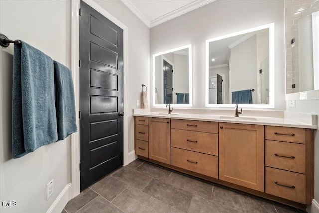245 Tumbling River Dr, Wendell, NC 27591 - full bathroom with ornamental molding, double vanity, baseboards, and a shower