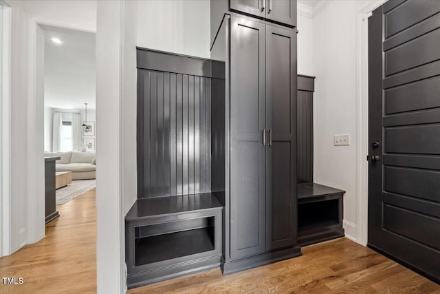 245 Tumbling River Dr, Wendell, NC 27591 - mudroom featuring light wood-style flooring and crown molding