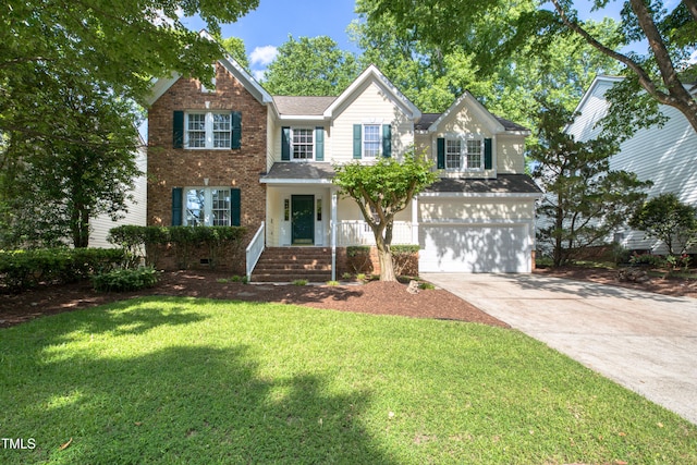 203 Halls Mill Dr, Cary, NC 27519 - traditional-style house featuring concrete driveway, brick siding, a garage, a front lawn, and a shingled roof