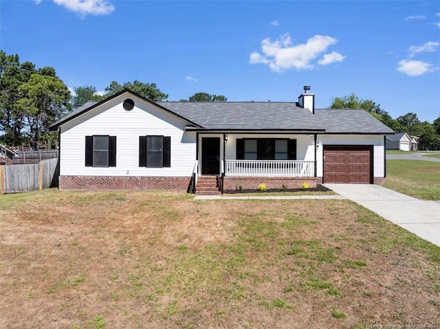 6466 Applewhite Rd, Fayetteville, NC 28304 - ranch-style house featuring a porch, an attached garage, concrete driveway, and a chimney