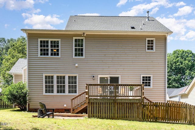 8512 Erinsbrook Dr, Raleigh, NC 27617 - rear view of house featuring a deck, stairway, roof with shingles, and crawl space