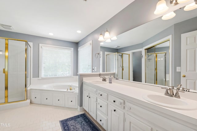 3304 Buck Run Trl, Wake Forest, NC 27587 - full bath featuring a stall shower, double vanity, a bath, tile patterned flooring, and recessed lighting