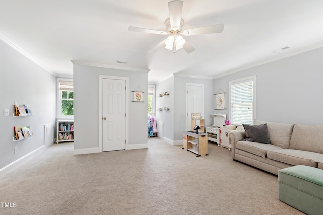 3304 Buck Run Trl, Wake Forest, NC 27587 - living area with ornamental molding, light colored carpet, and a ceiling fan
