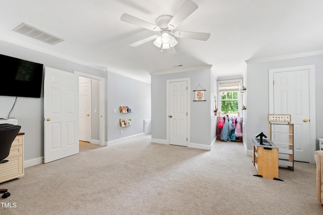 3304 Buck Run Trl, Wake Forest, NC 27587 - office space with ornamental molding, a ceiling fan, and light colored carpet