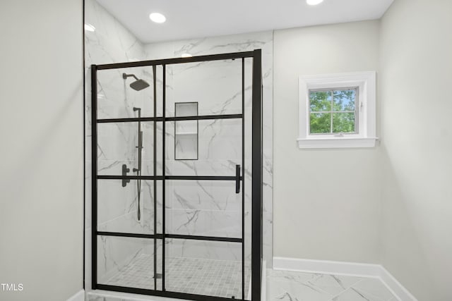 95113 Vance Knls, Chapel Hill, NC 27517 - full bathroom featuring baseboards, marble finish floors, a marble finish shower, and recessed lighting