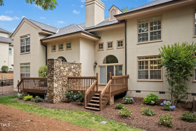 95113 Vance Knls, Chapel Hill, NC 27517 - view of front of home with a chimney, crawl space, stucco siding, and a wooden deck
