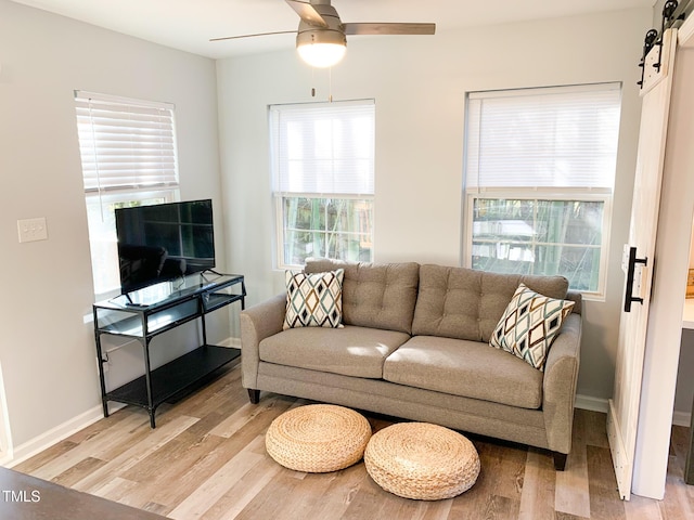 2907 University Dr, Durham, NC 27707 - living area featuring a barn door, light wood-type flooring, and a ceiling fan