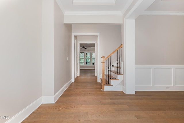 59 Cardinal Dr, Whispering Pines, NC 28327 - entryway with wood finished floors, crown molding, stairs, and ceiling fan