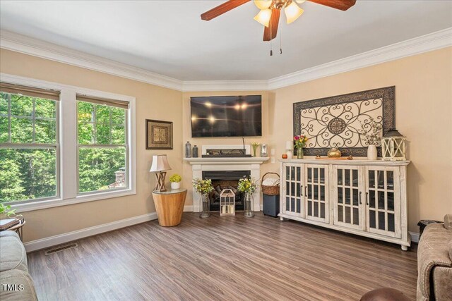 110 Lexington Ave, Zebulon, NC 27597 - living room featuring a ceiling fan, wood finished floors, ornamental molding, baseboards, and a fireplace