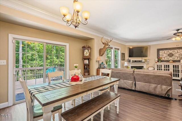 110 Lexington Ave, Zebulon, NC 27597 - dining area featuring a chandelier, crown molding, wood finished floors, a fireplace, and ceiling fan