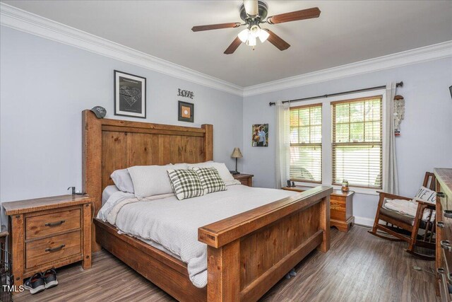 110 Lexington Ave, Zebulon, NC 27597 - bedroom featuring dark wood finished floors, crown molding, baseboards, and a ceiling fan