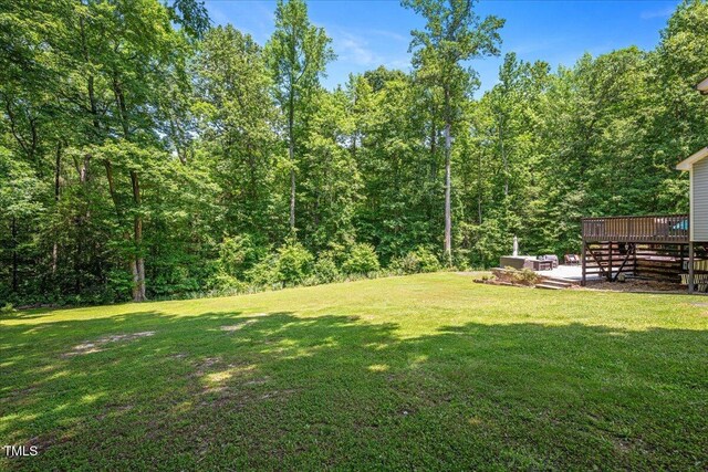 110 Lexington Ave, Zebulon, NC 27597 - view of green lawn featuring a deck and a view of trees