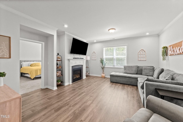159 Clear Water Rd, Louisburg, NC 27549 - living area with ornamental molding, wood finished floors, a glass covered fireplace, recessed lighting, and baseboards