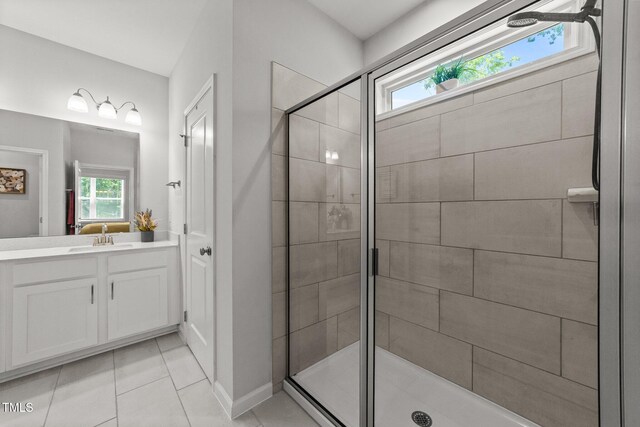 159 Clear Water Rd, Louisburg, NC 27549 - bathroom with a shower stall, tile patterned flooring, vanity, and baseboards