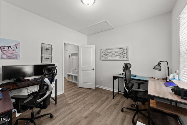 159 Clear Water Rd, Louisburg, NC 27549 - office area featuring wood finished floors, baseboards, and attic access
