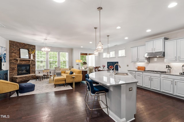 1577 Tice Hurst Ln, Apex, NC 27502 - kitchen with open floor plan, a sink, dark wood-type flooring, recessed lighting, and crown molding