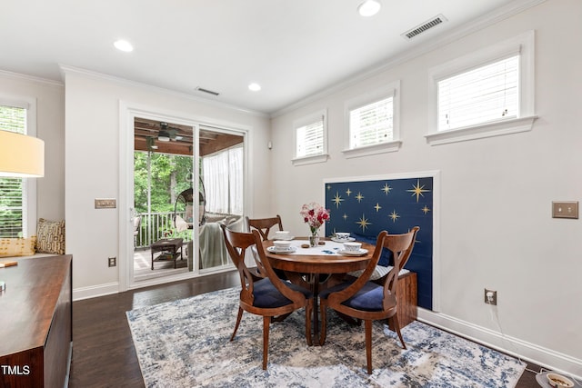 1577 Tice Hurst Ln, Apex, NC 27502 - dining area featuring ornamental molding, baseboards, dark wood finished floors, recessed lighting, and a ceiling fan