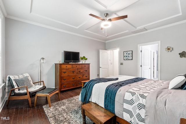 1577 Tice Hurst Ln, Apex, NC 27502 - bedroom with dark wood-type flooring, a ceiling fan, ornamental molding, and attic access
