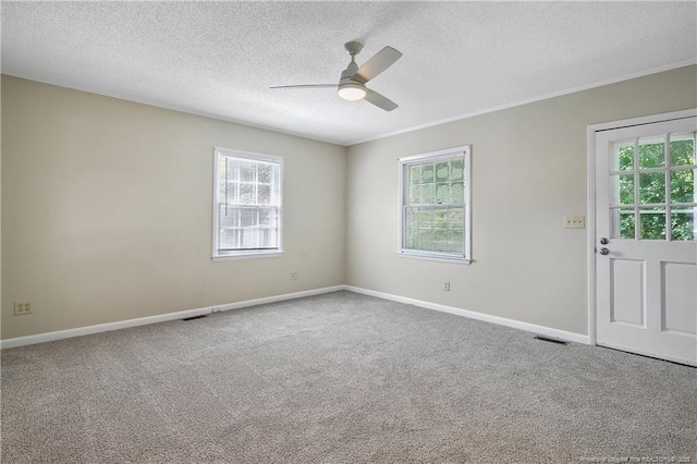 1486 Thelbert Dr, Fayetteville, NC 28301 - empty room with a ceiling fan, plenty of natural light, carpet floors, a textured ceiling, and ornamental molding