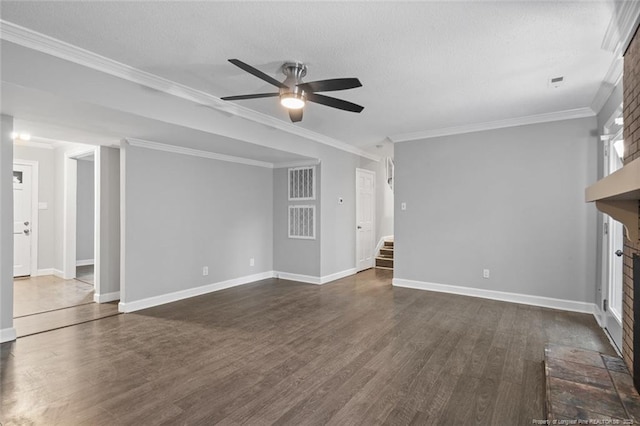 1720 Paisley Ave, Fayetteville, NC 28304 - unfurnished living room with ceiling fan, dark wood-type flooring, stairway, baseboards, and ornamental molding