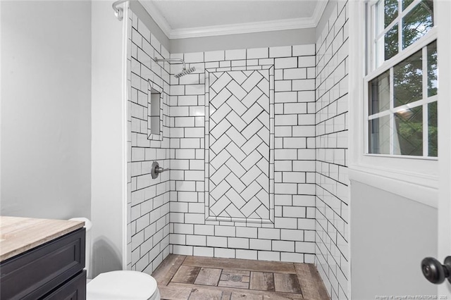 1720 Paisley Ave, Fayetteville, NC 28304 - full bath featuring a tile shower, toilet, crown molding, and vanity