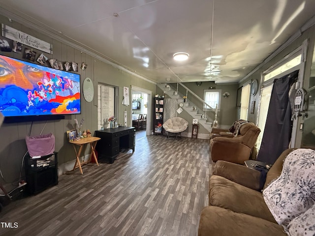 109 N 2nd St, Sanford, NC 27330 - living area with stairs, ornamental molding, wood finished floors, and baseboards