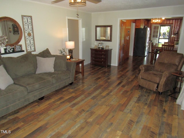 1700 Warrenton Rd, Henderson, NC 27537 - living area with a ceiling fan, dark wood-style floors, and crown molding
