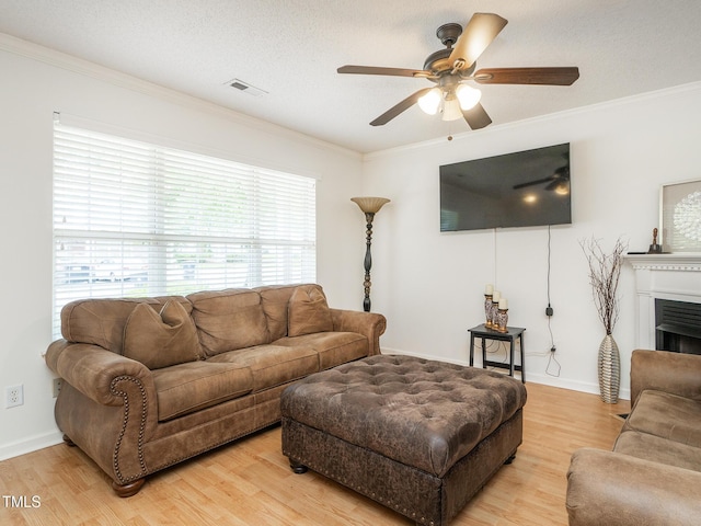 6304 Bermuda Way, Whitsett, NC 27377 - living area with a ceiling fan, light wood finished floors, ornamental molding, and a fireplace