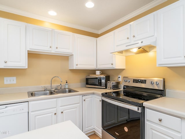 6304 Bermuda Way, Whitsett, NC 27377 - kitchen with appliances with stainless steel finishes, under cabinet range hood, white cabinetry, light countertops, and recessed lighting