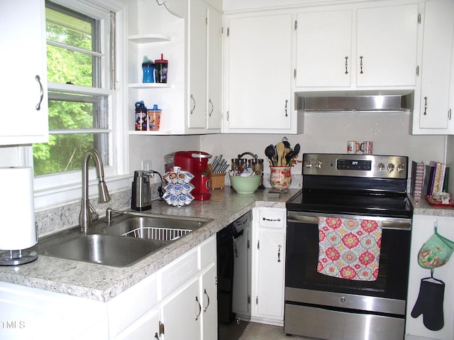 1809 S Garnett Ext, Henderson, NC 27536 - kitchen featuring stainless steel range with electric cooktop, range hood, a sink, and white cabinets