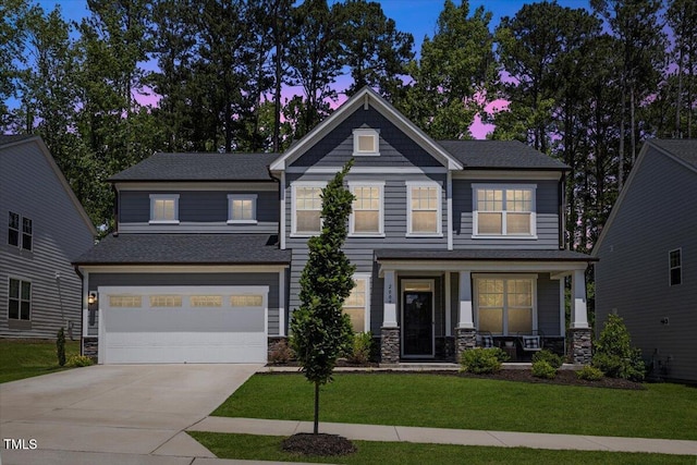 2009 Latham Oaks Ave, Wake Forest, NC 27587 - craftsman inspired home with a porch, concrete driveway, stone siding, an attached garage, and a front yard