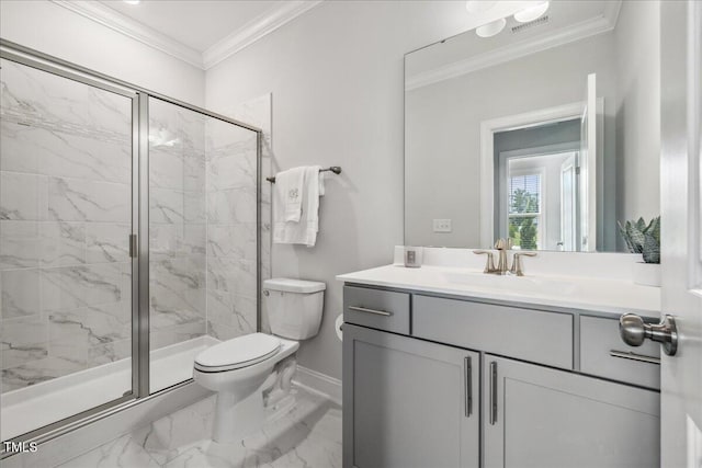 2009 Latham Oaks Ave, Wake Forest, NC 27587 - bathroom featuring marble look tiles, toilet, vanity, a marble finish shower, and baseboards