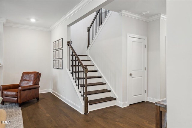 2009 Latham Oaks Ave, Wake Forest, NC 27587 - staircase featuring wood finished floors, baseboards, crown molding, and recessed lighting