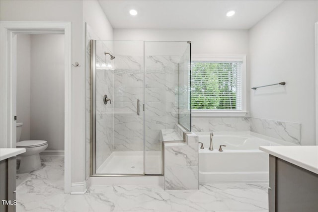 2009 Latham Oaks Ave, Wake Forest, NC 27587 - bathroom with vanity, marble look tiles, a garden tub, toilet, and recessed lighting