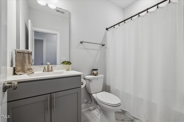 2009 Latham Oaks Ave, Wake Forest, NC 27587 - bathroom featuring marble finish flooring, toilet, vanity, and curtained shower