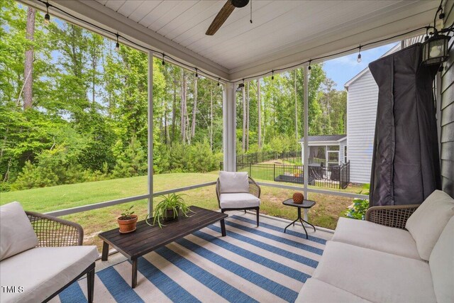 2009 Latham Oaks Ave, Wake Forest, NC 27587 - sunroom featuring a ceiling fan and an outdoor living space