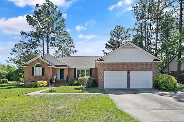 7578 Firethorn Dr, Fayetteville, NC 28311 - ranch-style house featuring an attached garage, concrete driveway, brick siding, a front yard, and crawl space