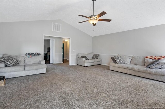 7578 Firethorn Dr, Fayetteville, NC 28311 - living room featuring a ceiling fan, vaulted ceiling, carpet flooring, and baseboards