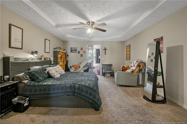 7578 Firethorn Dr, Fayetteville, NC 28311 - bedroom featuring a textured ceiling, carpet, a raised ceiling, a ceiling fan, and baseboards