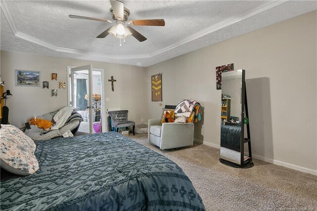 7578 Firethorn Dr, Fayetteville, NC 28311 - bedroom featuring a textured ceiling, a tray ceiling, carpet floors, baseboards, and a ceiling fan