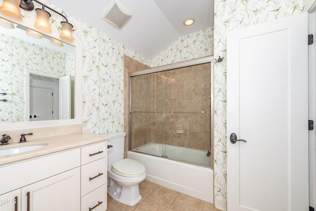 112 Lancaster Dr, Chapel Hill, NC 27517 - bathroom with wallpapered walls, vanity, toilet, tile patterned flooring, and lofted ceiling