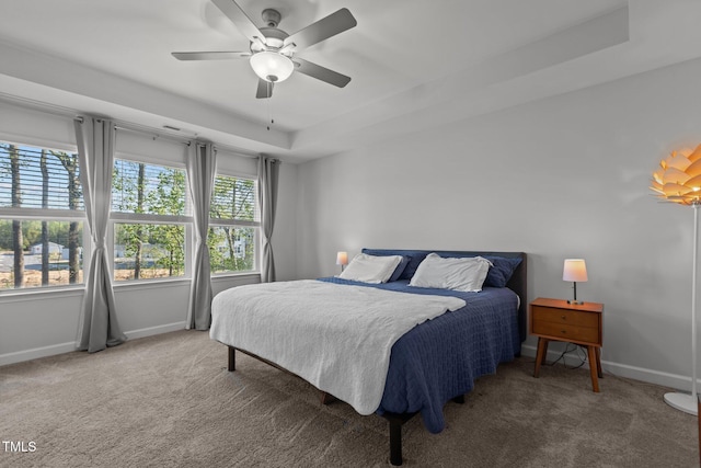 604 Craftsman Ridge Trl, Knightdale, NC 27545 - carpeted bedroom with baseboards, a ceiling fan, and a tray ceiling