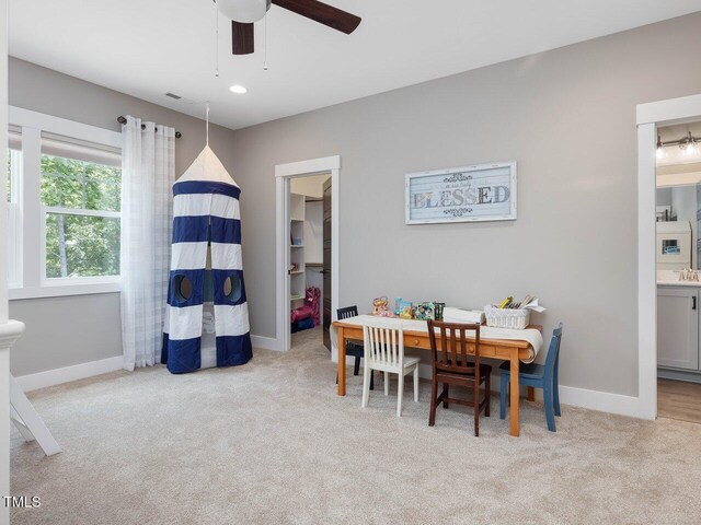 67 Spring Hollow Ct, Pittsboro, NC 27312 - dining room featuring light carpet, baseboards, and ceiling fan