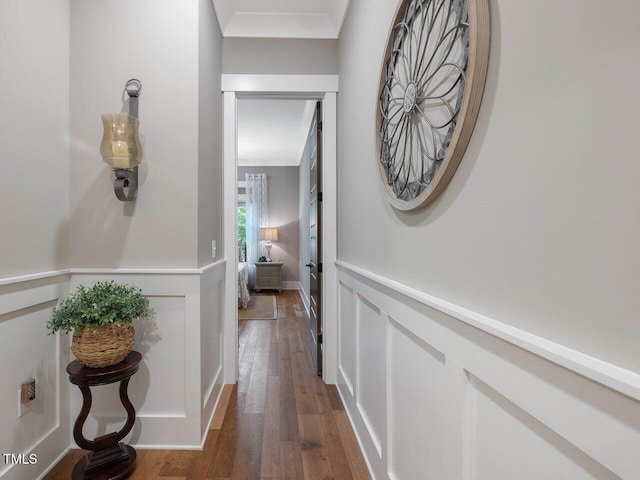 67 Spring Hollow Ct, Pittsboro, NC 27312 - corridor featuring wood finished floors, a decorative wall, ornamental molding, and wainscoting