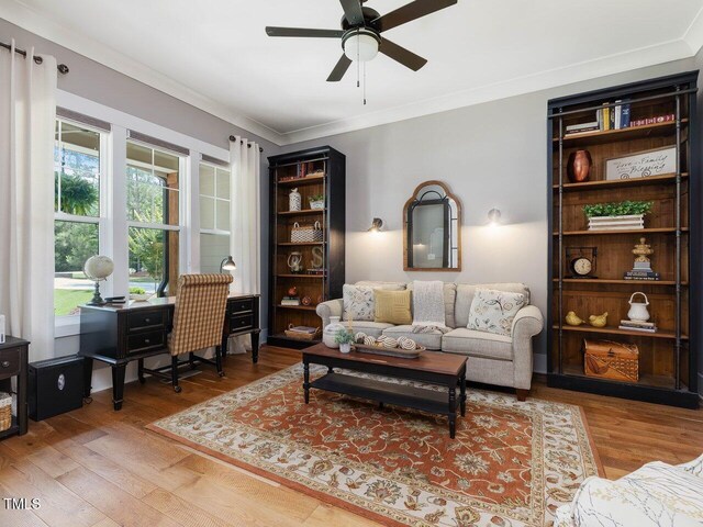 67 Spring Hollow Ct, Pittsboro, NC 27312 - office space with ceiling fan, wood finished floors, and crown molding