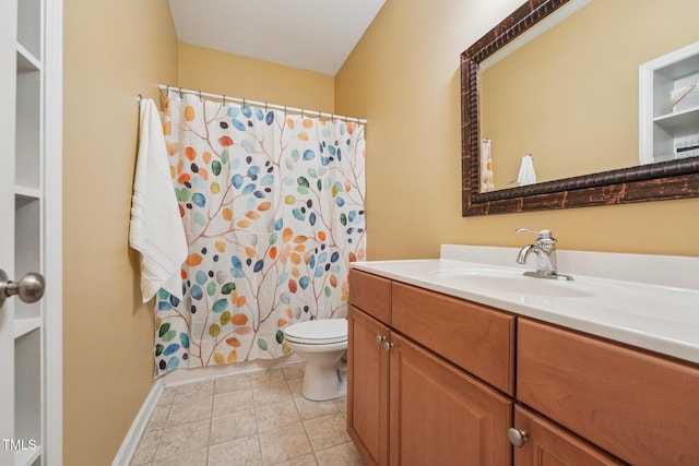 9808 Rainsong Dr, Wake Forest, NC 27587 - bathroom with vanity, toilet, a shower with shower curtain, and baseboards