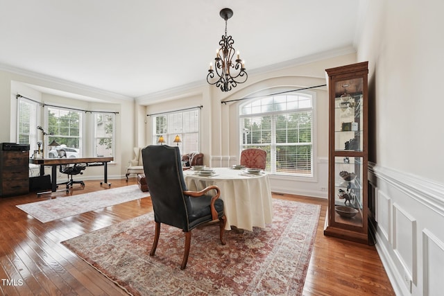 7 Teahouse Ct, Durham, NC 27707 - office area with crown molding, hardwood / wood-style floors, a chandelier, and wainscoting