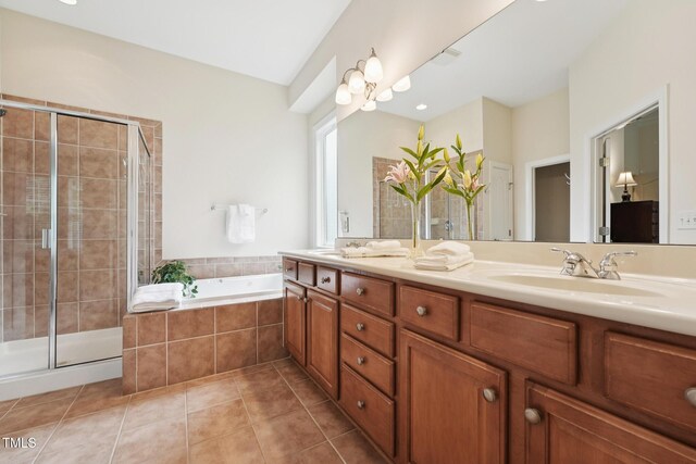 7 Teahouse Ct, Durham, NC 27707 - bathroom featuring double vanity, a bath, a stall shower, and tile patterned floors