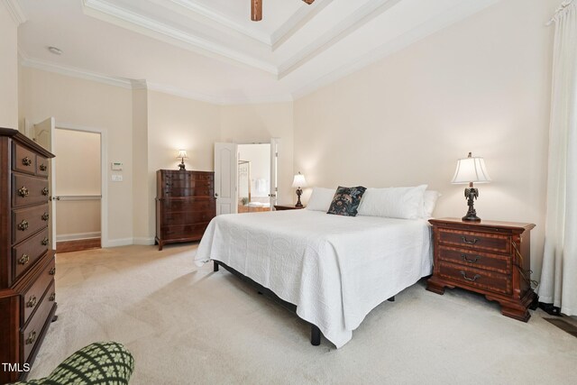 7 Teahouse Ct, Durham, NC 27707 - bedroom with light carpet, crown molding, a raised ceiling, baseboards, and ceiling fan