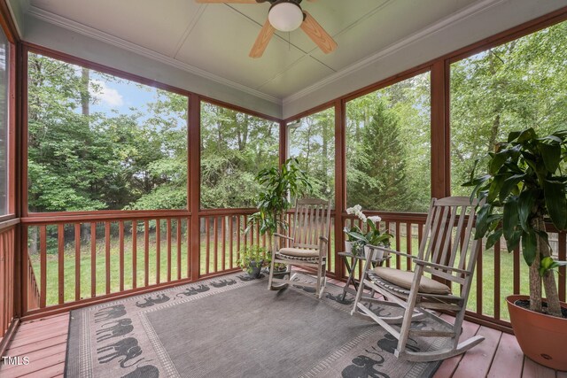 7 Teahouse Ct, Durham, NC 27707 - sunroom / solarium with a ceiling fan, healthy amount of natural light, and view of scattered trees